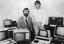 Bill Gates (left) and Paul Allen (right) on October 19, 1981, four months after Microsoft's incorporation and after signing a pivotal IBM contract