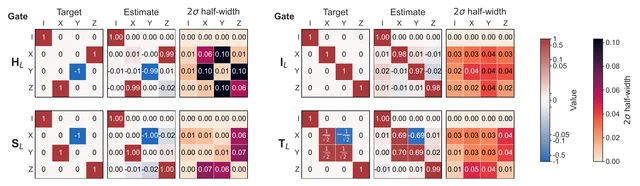 Estimated Pauli transfer matrices for four logical gates