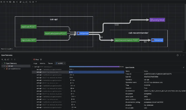 The Service Map view connecting two application services and a PostgreSQL database, with the OpenTelemetry tool window's trace list below the diagram.