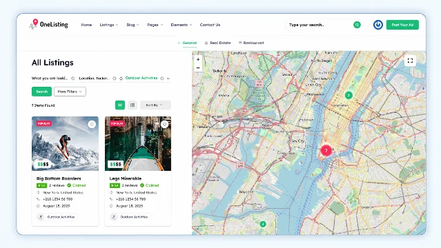 Directorist front-end directory listings page with an interactive map and search bar
