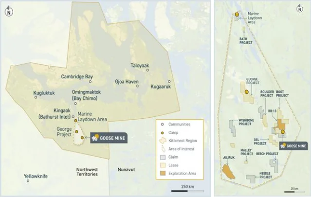 Back River Gold District properties map showing Goose Mine and regional exploration targets