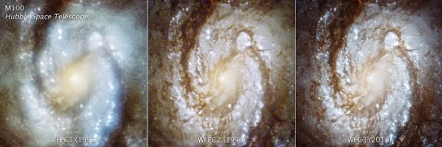 A spiral galaxy (M100) as imaged by Hubble before and after corrective optics were installed — left panel blurred, right panel sharp with individual star-forming regions resolved