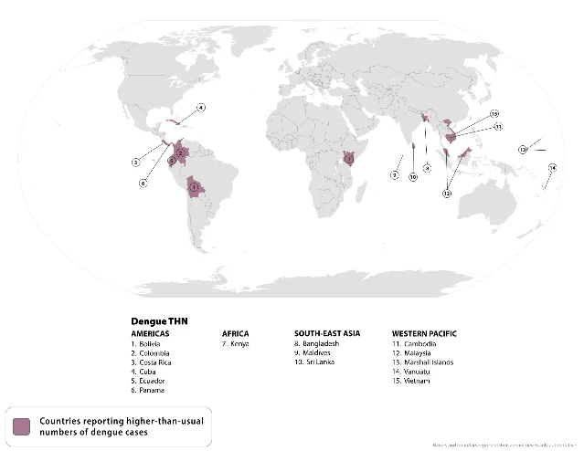 World map marking the countries CDC lists on its global dengue travel notice