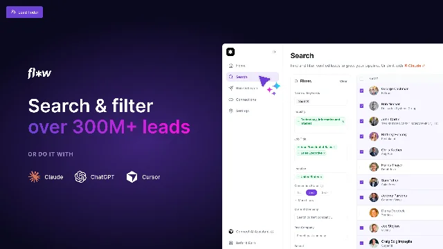 Flow AI's lead search screen with filters and a selected lead list