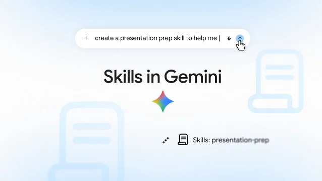 The Skills in Gemini interface, with a prompt bar reading "create a presentation prep skill to help me", a hand on the send button, and a chip below reading "Skills: presentation-prep"