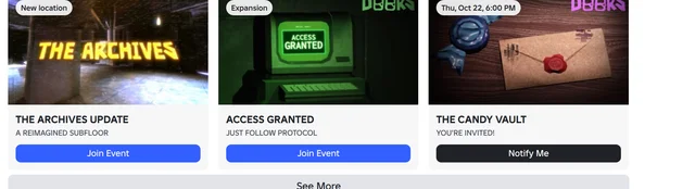 The DOORS Events rail on 19 October 2026, showing THE CANDY VAULT card dated Thu, Oct 22, 6:00 PM beside the live Archives and Access Granted cards