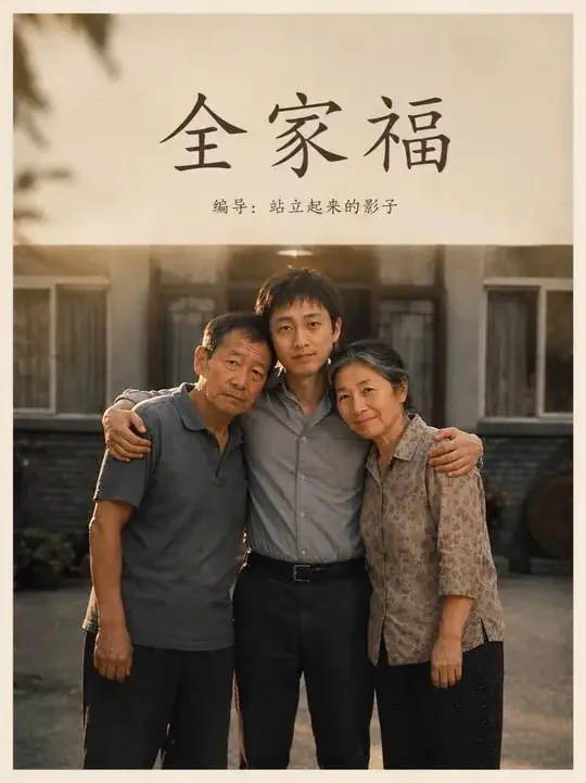 《全家福》抖音官方封面:中年儿子搂着老年父母站在农家院落前合影,上方印有作品名与编导署名。