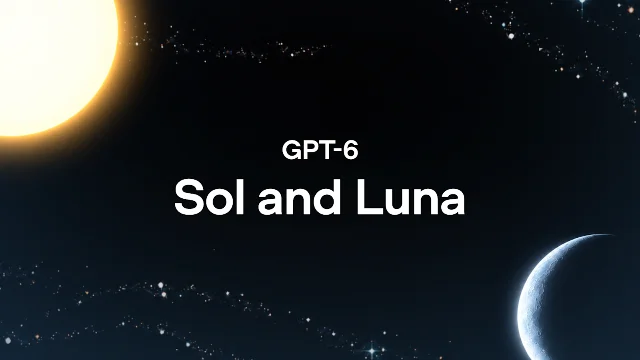 OpenAI's launch artwork for GPT-6 Sol and Luna, a sun at the upper left and a crescent moon at the lower right against a starfield