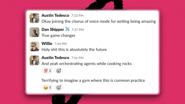 粉色背景上的 Slack 对话截图,显示 Every 成员讨论语音模式写作和代理编排