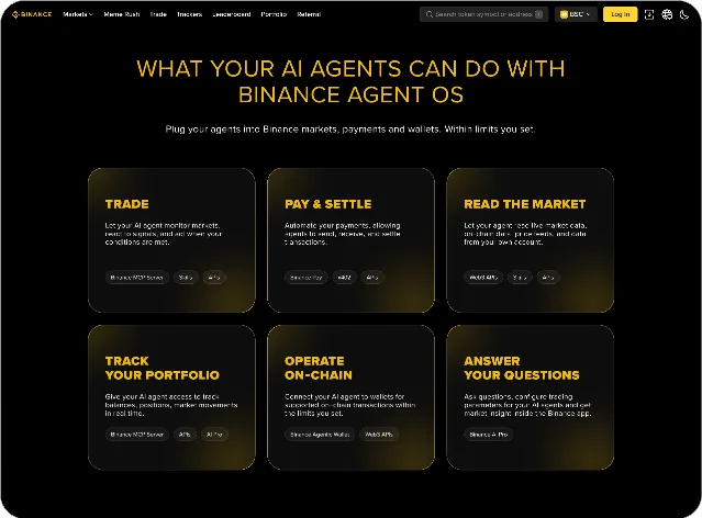 Binance Agent OS page showing trade, payment, market, portfolio, on-chain, and question-answering actions