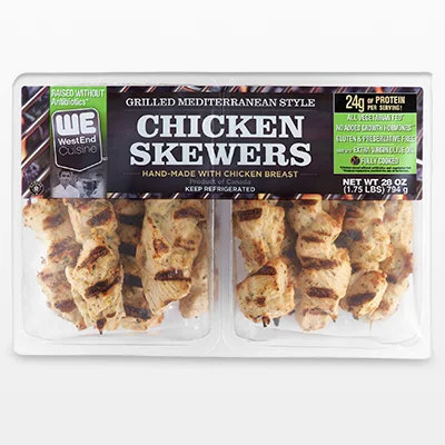 Costco’s current weekly page shows WestEnd Cuisine grilled chicken skewers in a 14-count pack.