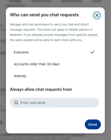 Reddit 隐私设置里的聊天请求权限弹窗