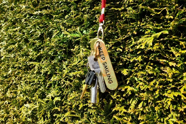 A key ring with several keys and a "KEEP SMILING" tag hanging on a garden hedge