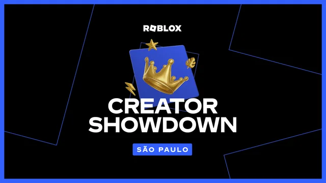 Roblox's Creator Showdown key art, a gold crown on a blue card above a São Paulo label