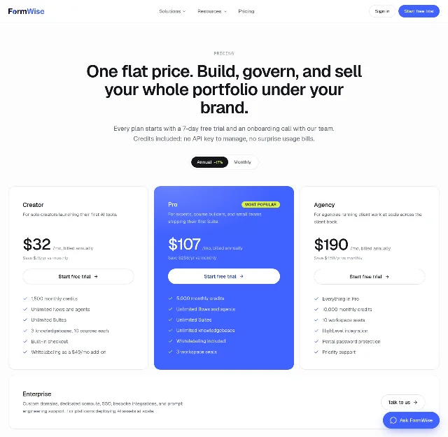 The Formwise pricing page, showing Creator at $32 per month with 1,500 monthly credits, Pro at $107 with 5,000, and Agency at $190 with 10,000