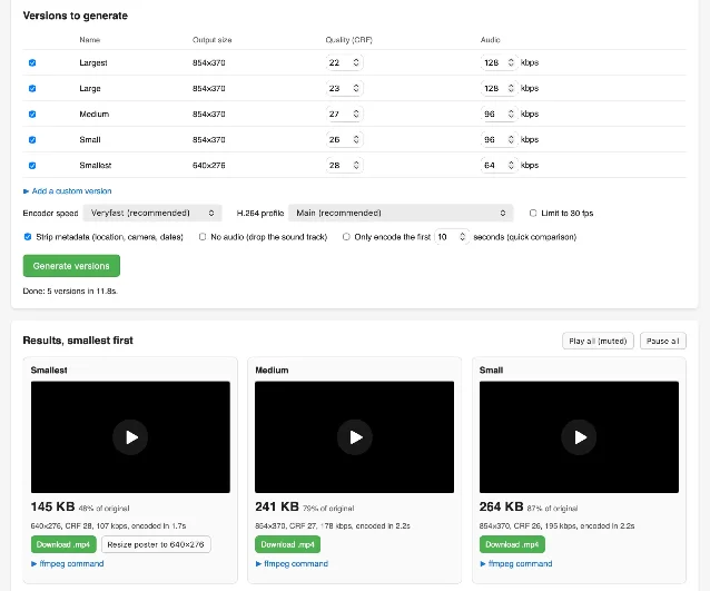 Simon Willison's video compressor interface displaying compression settings and output cards