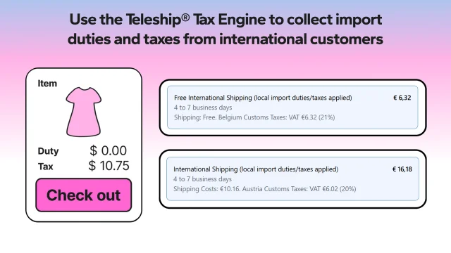 Teleship checkout interface showing duties and taxes collection for international orders