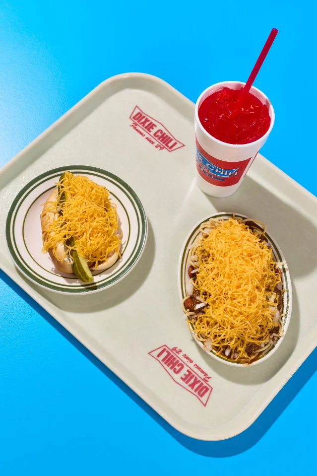 Cincinnati chili five-way with cheddar cheese and spaghetti from Dixie Chili