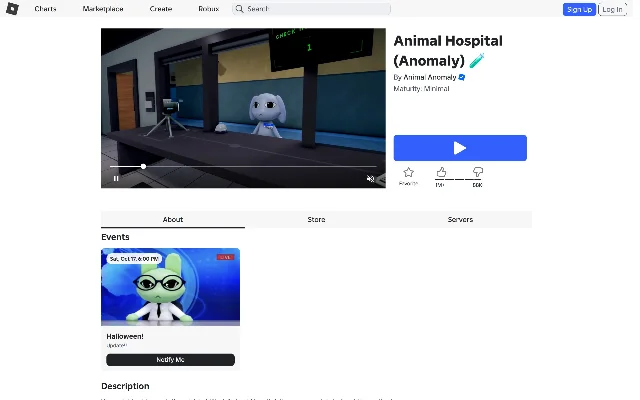 Roblox page for Animal Hospital (Anomaly) showing the game playable, a like count above one million and 88K dislikes, and an Events rail listing a Halloween update for Saturday 17 October