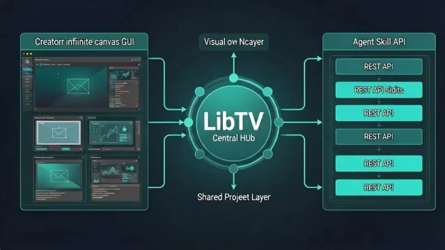 信息图展示 LibTV 平台、Creator 无限画布、Agent Skill API 与共享项目层之间的关系