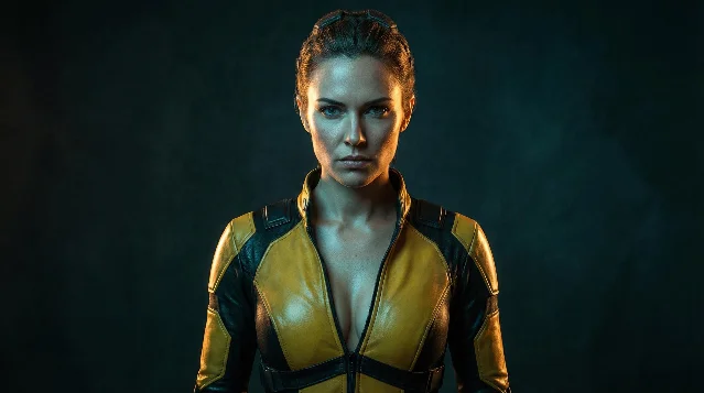 AI-generated female warrior portrait — warm golden 5600K daylight key on face and chest, cool teal ambient background, golden rim light from behind creating hero separation