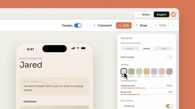 Claude Design 的 TWEAKS 面板与手机预览，展示主题、字号和深色模式等调节项