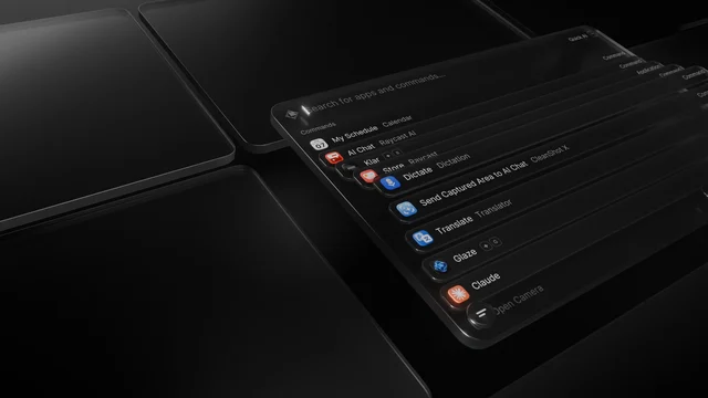 Raycast 2.0 floating launcher palette on macOS Tahoe showing system commands, extensions, and AI tools