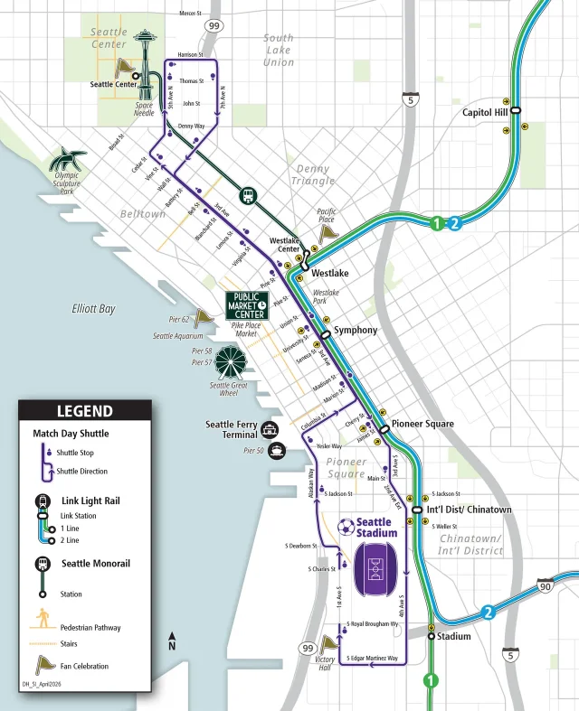 King County Metro SEA26 Match Day Shuttle route map connecting Seattle Center, downtown Seattle, and the Seattle Stadium area.