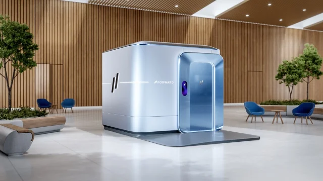 Forward 在 2023 年发布时展示的 CarePod 外观：一台带玻璃门的独立医疗舱。