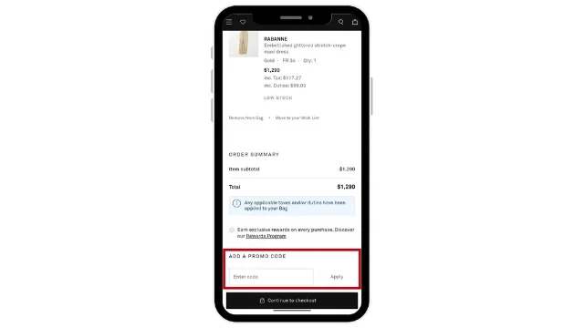 NET-A-PORTER checkout promo code field — where EXTRA15 or FLASJ10 would be applied