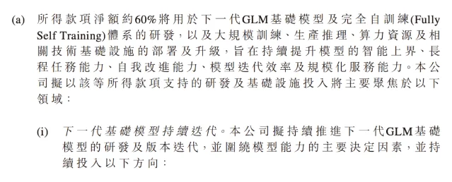 智谱港交所公告中关于募集资金约 60% 投向完全自训练与下一代基础模型的条款截图