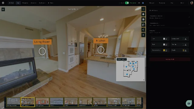 TeliportMe's tour editor with Living Room and Kitchen hotspots, a floorplan inset and a scene strip