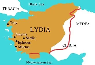 Map of Lydia at its greatest extent, showing territory west of the Halys River under Alyattes and his son Croesus
