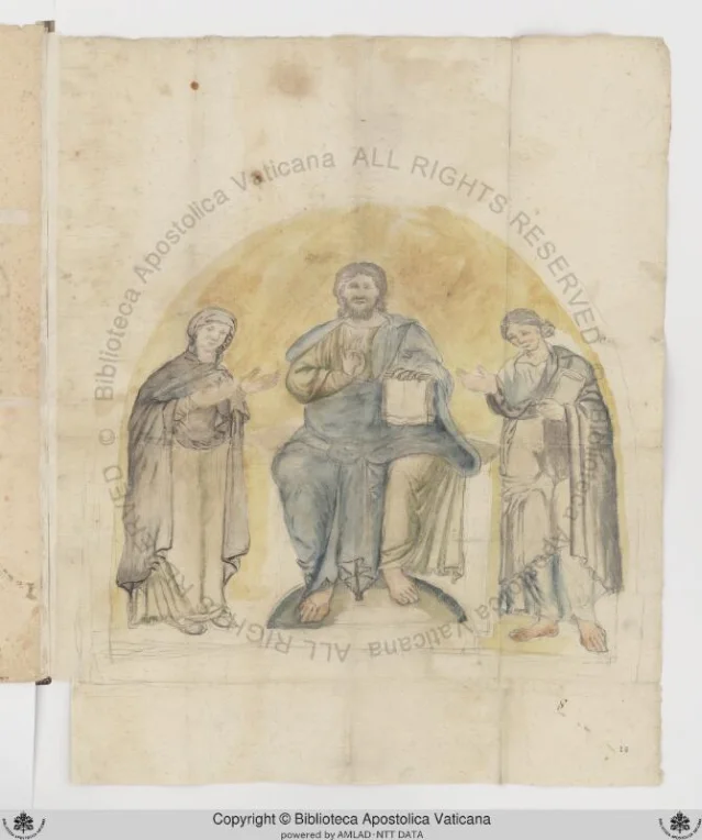Folio 16r of Barb.lat.4426: a wash drawing in blue-grey and ochre of Christ enthroned in a golden apse, flanked by two saints — a copy after an early Christian or Romanesque apse mosaic, pencil under-drawing visible beneath the light watercolor wash