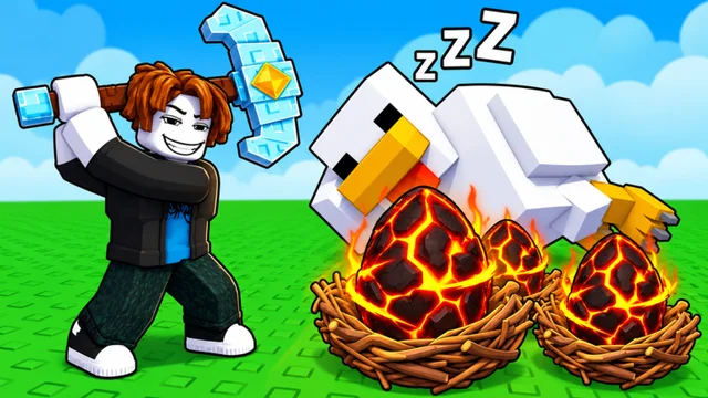 The Roblox thumbnail for Break and Steal an Egg, showing a character with a pickaxe beside a sleeping white duck and three glowing eggs