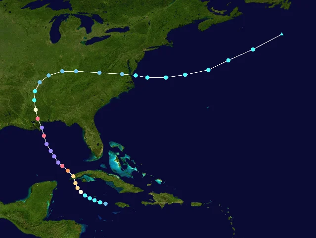 Map of Hurricane Camille's track from the Caribbean to the Atlantic, with colored six-hour positions