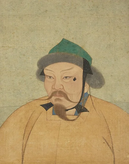 A Yuan dynasty portrait of Ögedei Khan in an orange robe and green cap