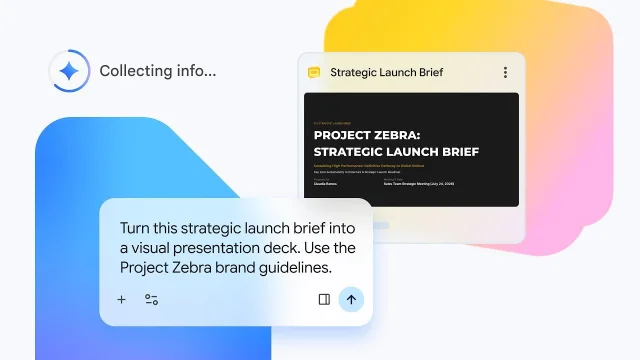 Google Workspace interface demonstrating a prompt converting a strategic brief into visual slides