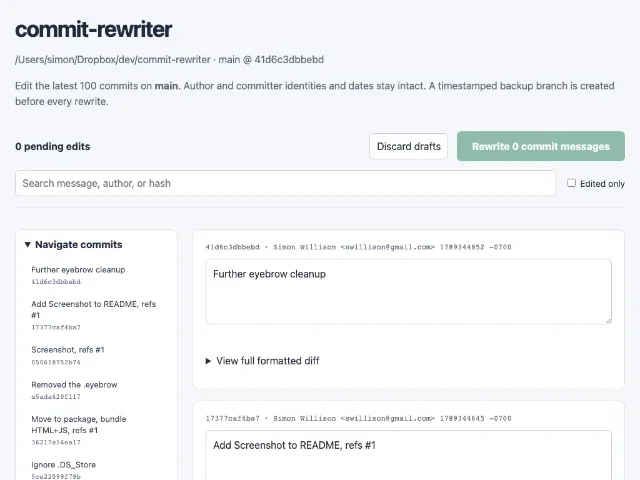 The commit-rewriter web interface showing a sidebar of recent commits and editable commit message fields with a pending edits counter