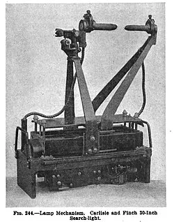 The lamp mechanism inside a Carlisle &amp; Finch 30-inch searchlight