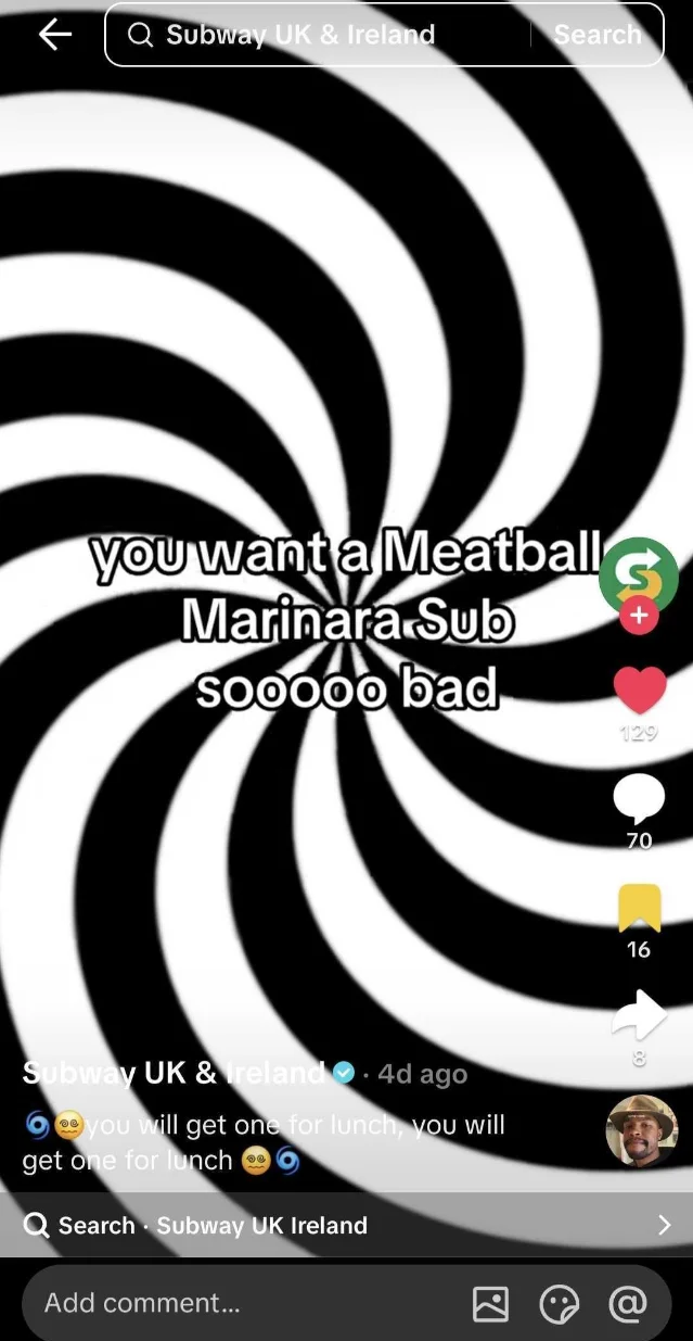 Subway UK's hypnosis TikTok trend — black-and-white spiral with branded text overlay