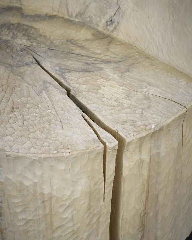 A close view of a pale plant-root textile with branching lines, layered fibres and a deep split through the surface