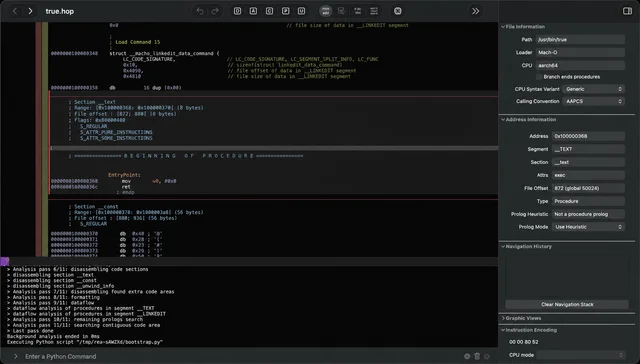 Screenshot of a native disassembler window with a Mach-O binary loaded, showing disassembled sections on the left and file information, address information and instruction encoding panels on the right; a console strip along the bottom reports analysis passes and a Python script executed from a temporary directory