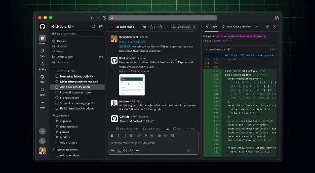 Slack 中的 GitHub Copilot 共享 Agent 工作流,画面展示团队对话与代码差异并排查看