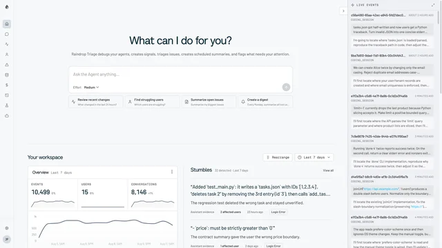 Raindrop's documentation dashboard screenshot, showing events, users and conversations over seven days beside a list of detected stumbles