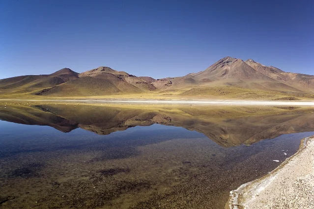 Laguna Miscanti stretches across a flat high-altitude basin beneath ochre and red volcanic mountains