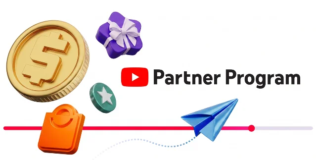 YouTube Partner Program key visual with coin, gift, star, shopping bag, and paper-plane icons along a pink progress line.