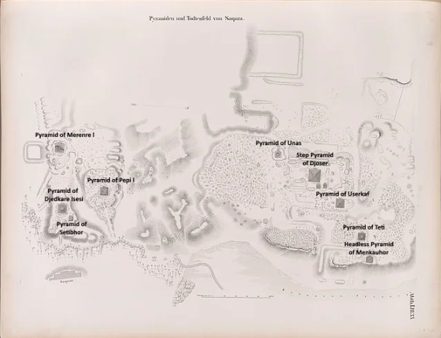 A map of the Saqqara plateau drawn in the 1840s, with small labelled plans of each pyramid and its enclosure scattered across the desert