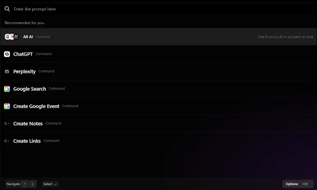 cmdOS AI command interface showing the floating search bar and suggested automation commands
