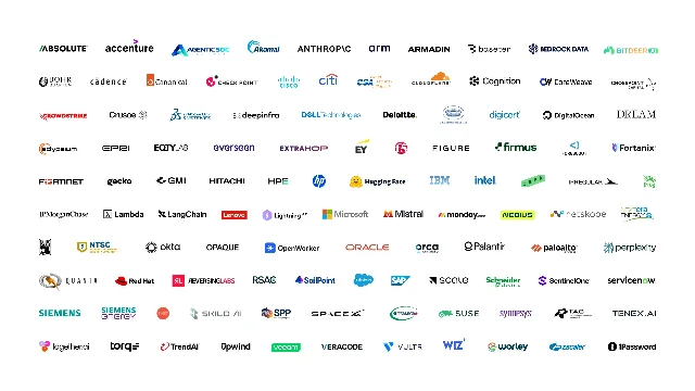 A wall of about a hundred company logos published with the launch, including Anthropic, Cisco, Dell Technologies, Hugging Face, IBM, Intel, JPMorganChase, Microsoft, Oracle, Palantir, Perplexity, Red Hat, Salesforce, SAP, Scale, ServiceNow, SpaceX and Siemens